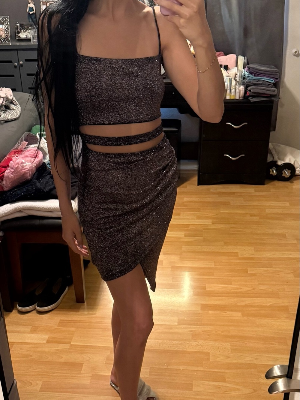 Windsor Black Metallic Glitter Spaghetti-Strap Mini Dress